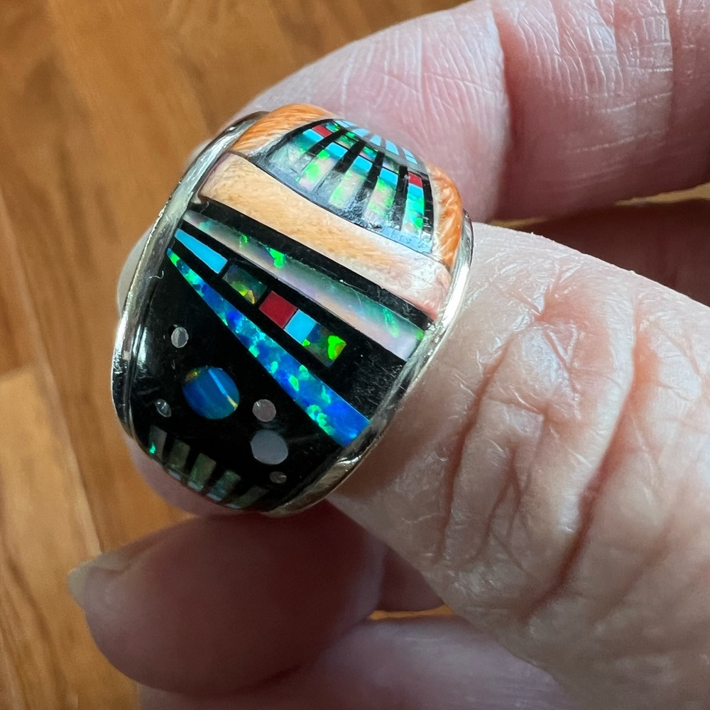 Colorful, Multi-Gemstone, Sterling Silver Inlay Statement Ring